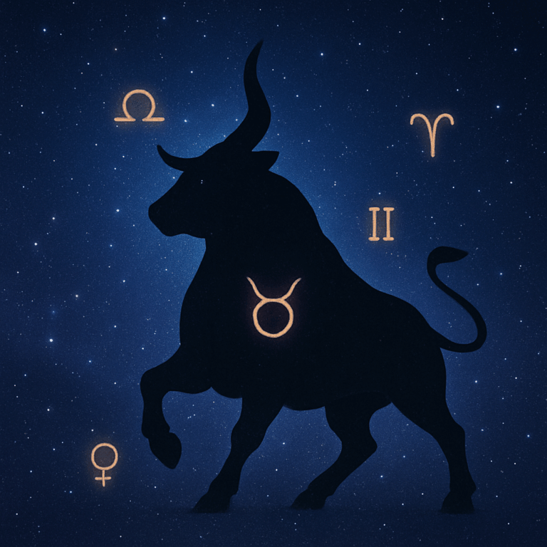 Silhuet af Tyr med astrologiske symboler på stjernehimmel, der illustrerer Tyr i ascendant, styrke, stabilitet og tålmodighed.