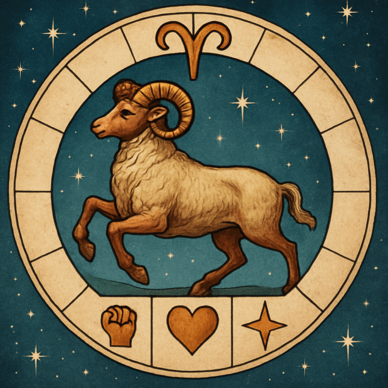 Illustration af Vædder i ascendant-symbolet på et føddekort mod stjernehimmel, symboliserer styrke, kærlighed og succes