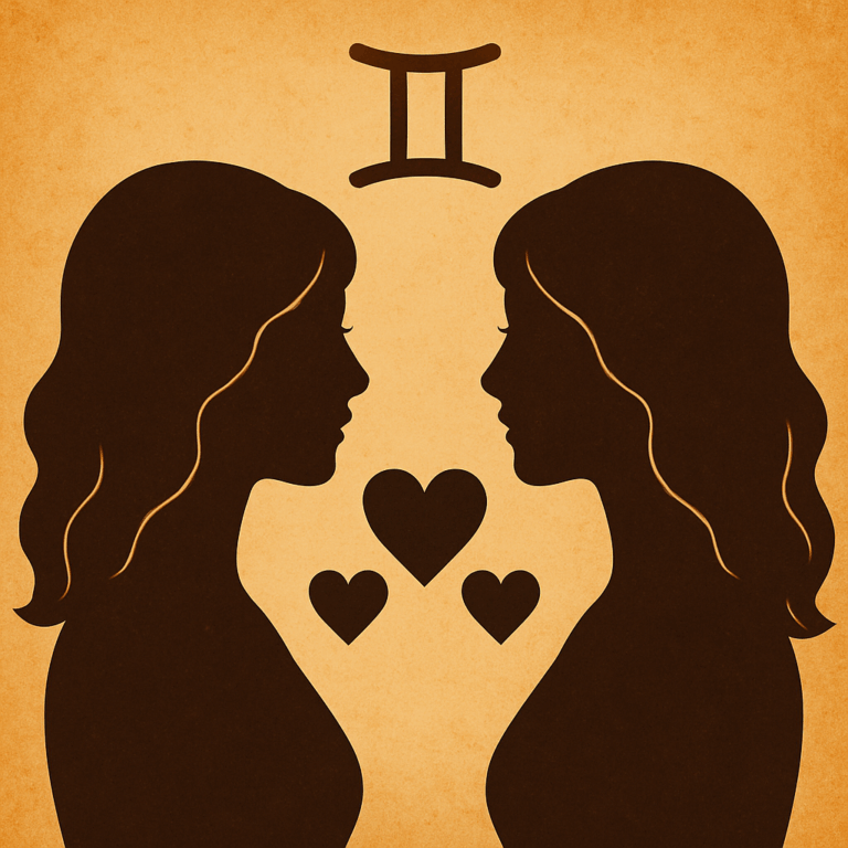 Tvillingen-stjernetegnet med to silhuetter og hjerter, symboliserer perfekte kærligheds- og venskabsmatch.