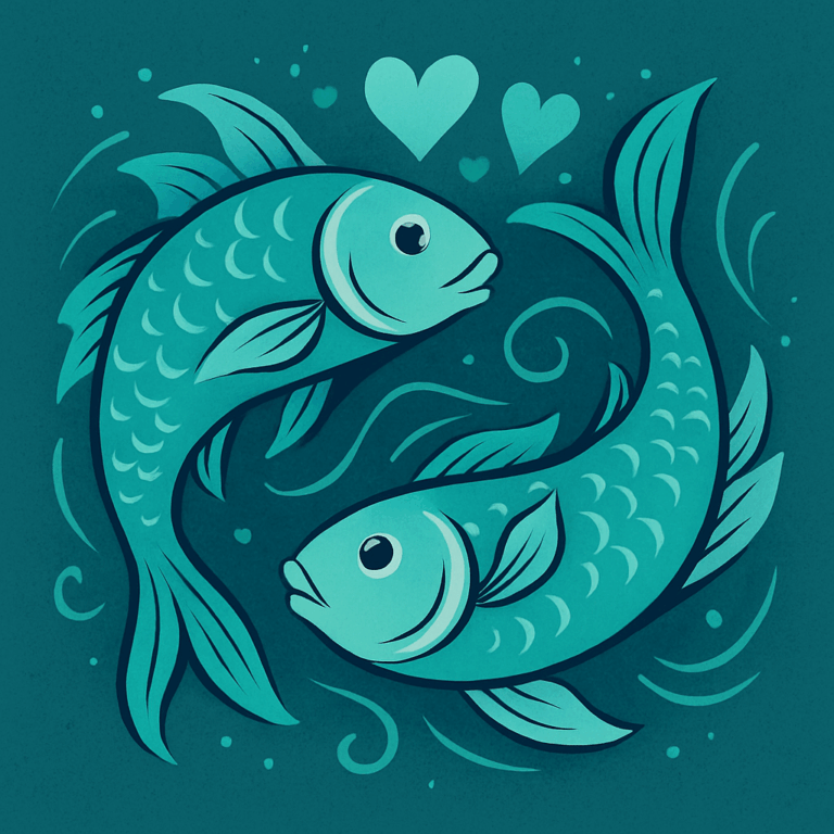 To blå-turkise fisk svømmer mod hinanden i stiliseret design og visualiserer Fisken og Fisken kærlighed og kompatibilitet.