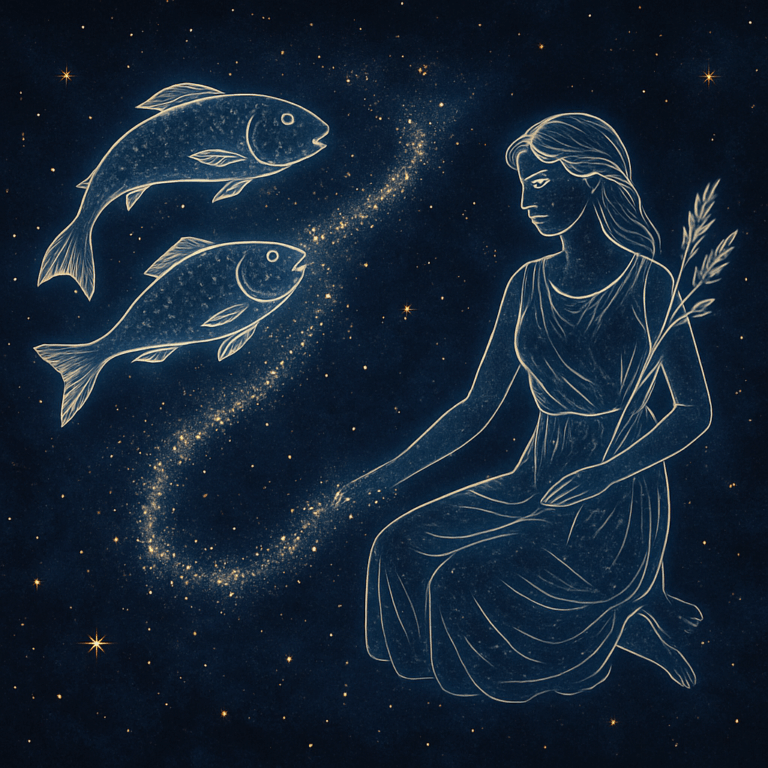 Illustration af stjernetegnene Fisken og Jomfruen forbundet med stjernestøv til artiklen ’Hvordan passer Fisken og Jomfruen sammen?’