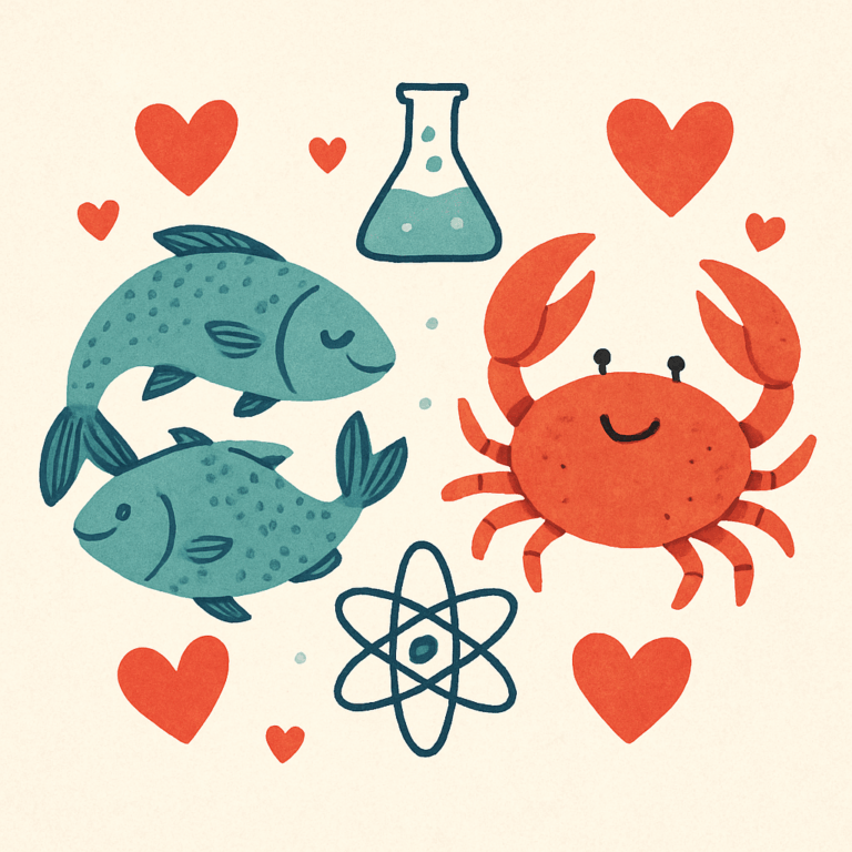 Illustration af fisk og krebs som stjernetegn omgivet af hjerter, symbol på kærlighed, kemi og et varigt forhold.