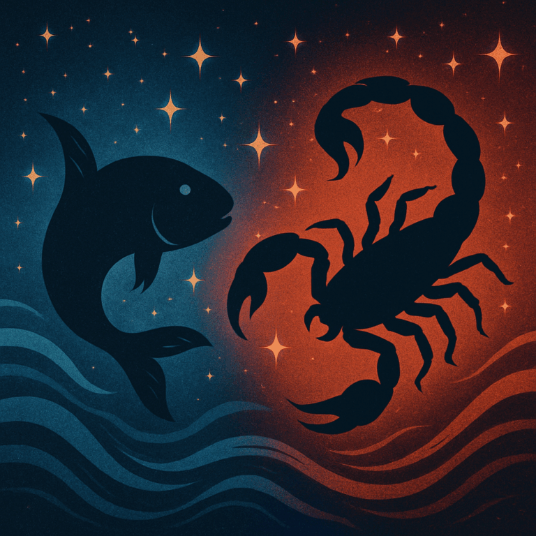 Silhuet af Fisken og Skorpionen i blå og røde toner, omgivet af stjerner og bølgende vand, symboliserer deres mystiske, passionerede kemi.