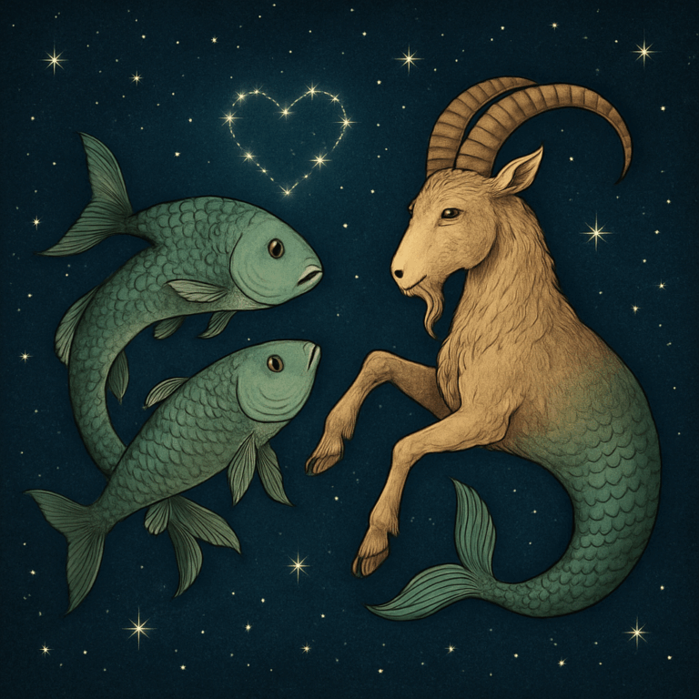 Illustration af stjernetegnene Fisken (svømmende fisk) og Stenbukken (bjergged) mod en stjernehimmel, symboliserer kærlighed og balance