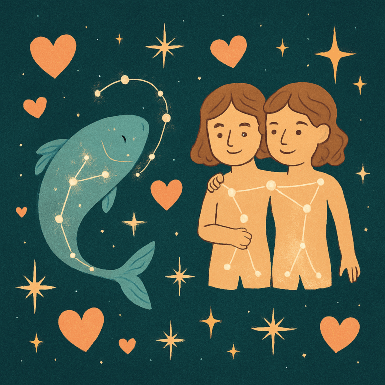 Illustration af Fisken og Tvillingen som stjernefigurer omgivet af hjerter og skinnende stjerner