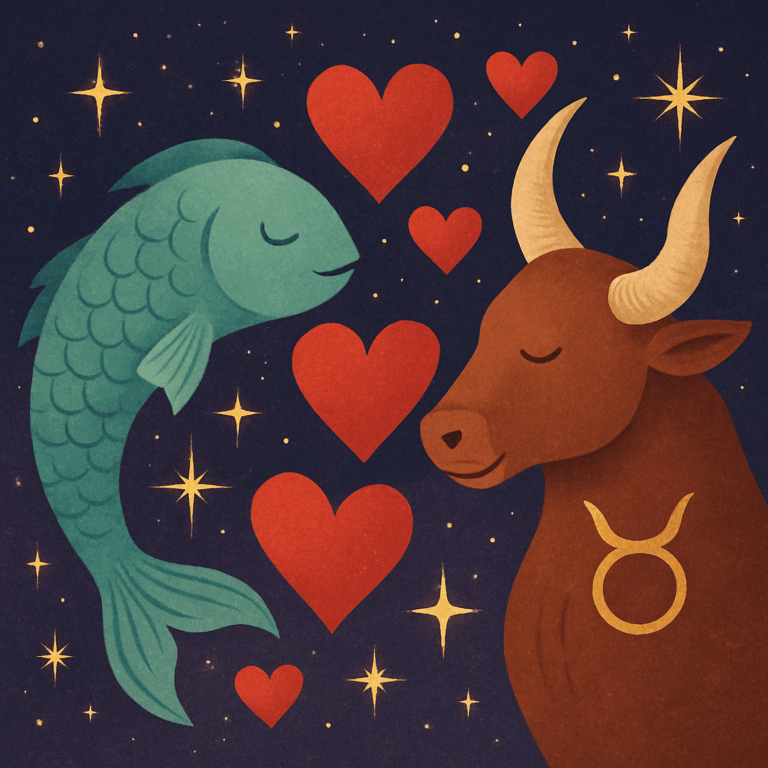 Illustration af astrologiske tegn Fiskene og Tyren forenet med hjerter og stjernehimmel som symbol på kærlighed