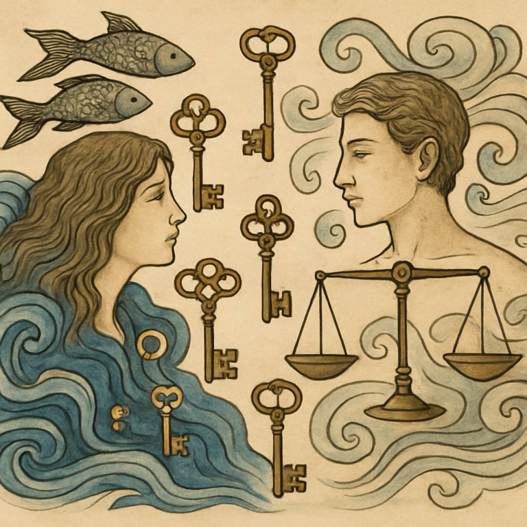Illustration af Fisken- og Vægten-stjernetegn forenet med bølgende vand og luftstrømme samt fem nøgler, der symboliserer passion, balance og drømmeforhold.