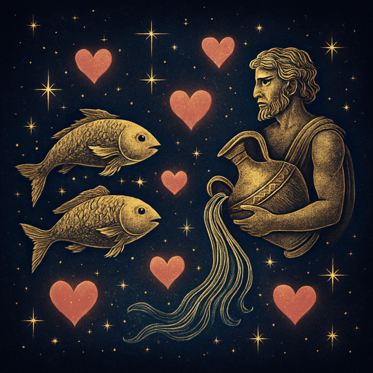 Kosmisk illustration af de stjernetegn Fisken (fisk) og Vandmanden (vandbærer) omgivet af stjerner og hjerter, der symboliserer kærlighed og stjernematch.