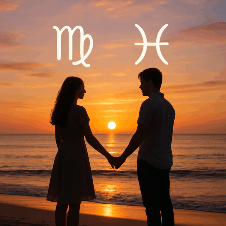 Jomfruen og Fisken holder hinandens hænder på en strand ved solnedgang som symbol på kærlighed, kompatibilitet og harmoni.