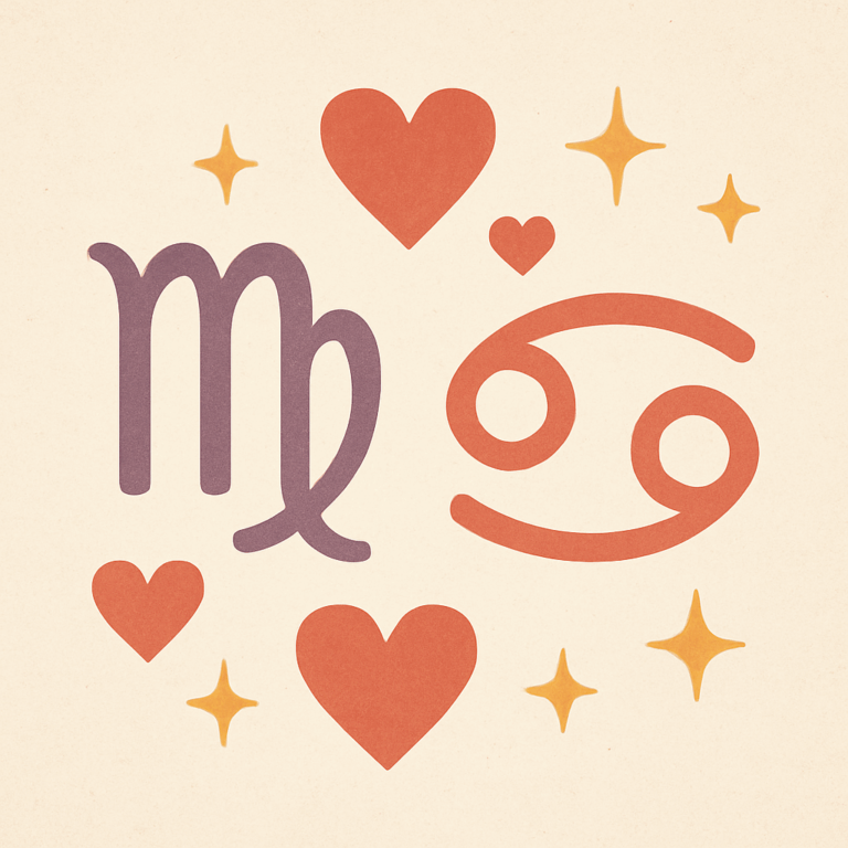 Illustration af astrologiske symboler for Jomfruen og Krebsen omgivet af hjerter og stjerner, der symboliserer deres harmoniske kompatibilitet.