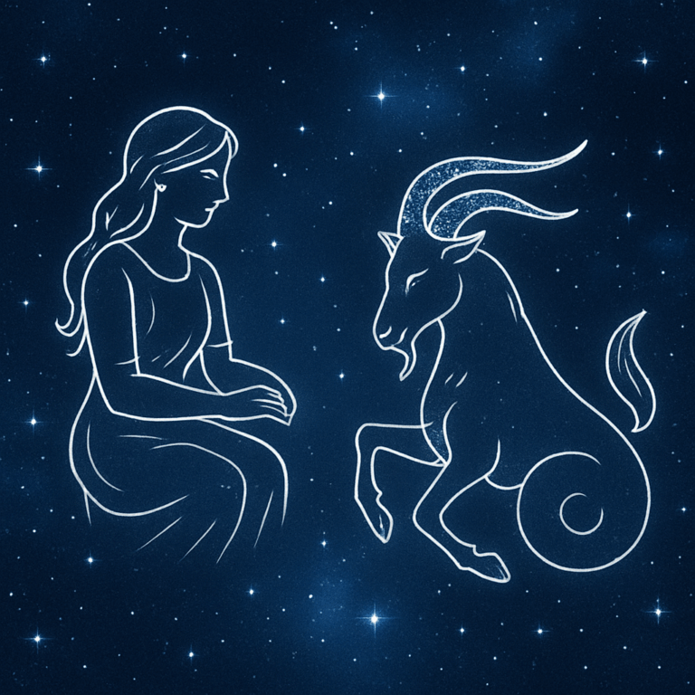 Jomfruen- og Stenbukken-symboler mod en stjernehimmel, der illustrerer hvordan de passer sammen