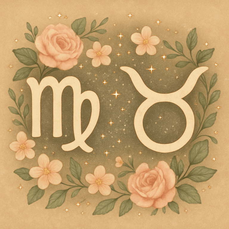 Stjernetegnsymboler for Jomfruen og Tyren omringet af blomster og stjernestøv, der illustrerer deres harmoniske kærlighed.
