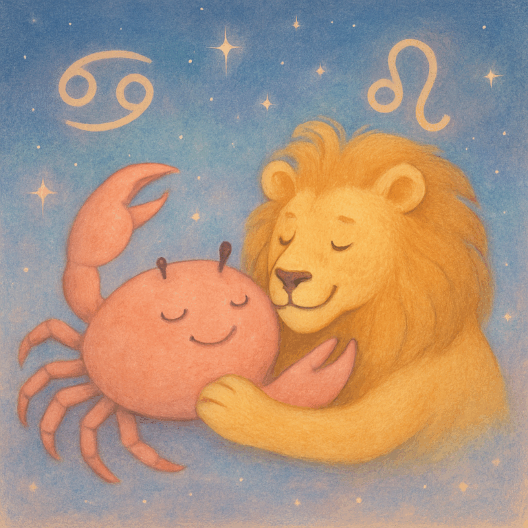 Pastelillustration af Krebsens krabbe-symbol og Løvens løve-symbol mod en stjernehimmel, der viser deres kærlighed og venskab.