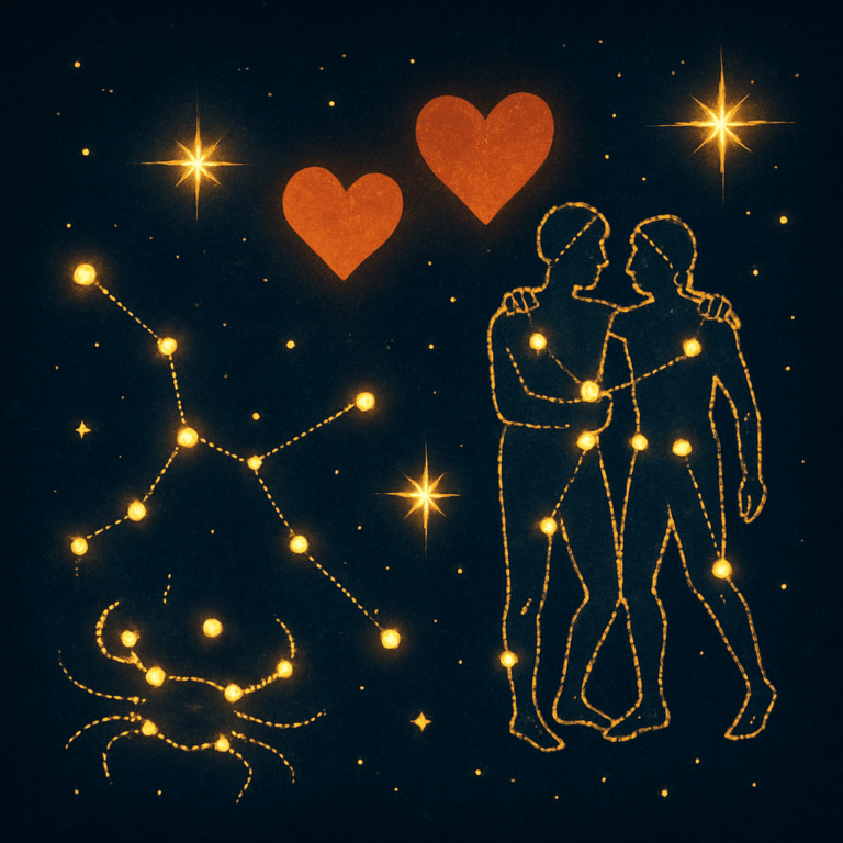 Illustration af Krebsens og Tvillingens stjernebilleder med hjerter og glødende stjerner, der symboliserer deres unikke kemi