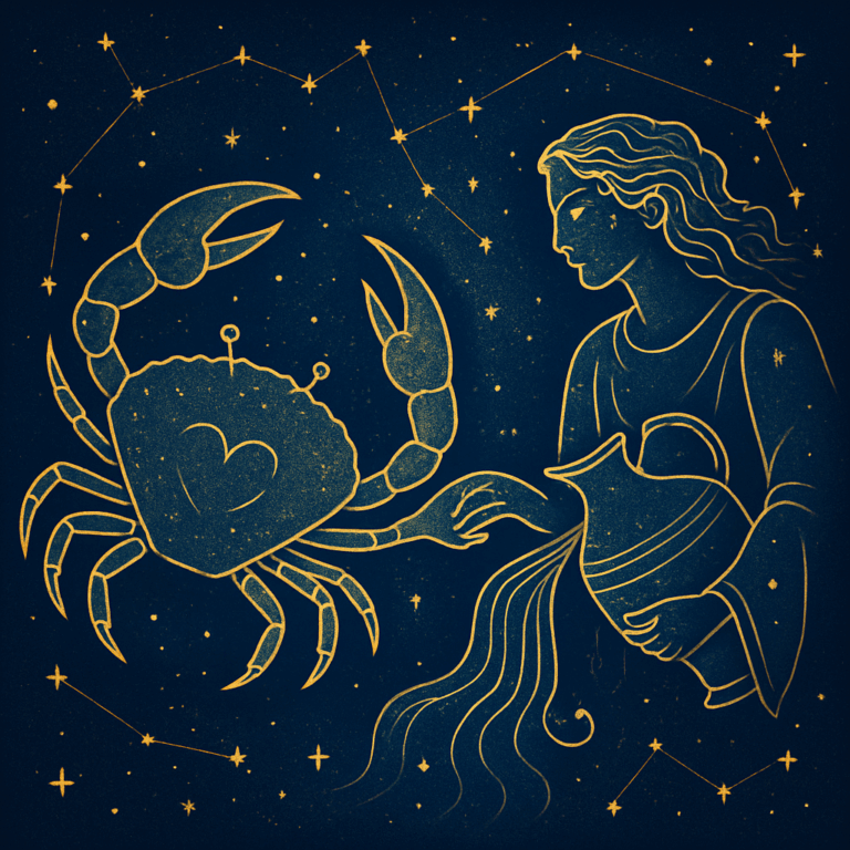 Stiliseret billede af Krebsen og Vandmanden i en stjernehimmel, der symboliserer deres kærlighedskemi, udfordringer og stjerneharmoni.