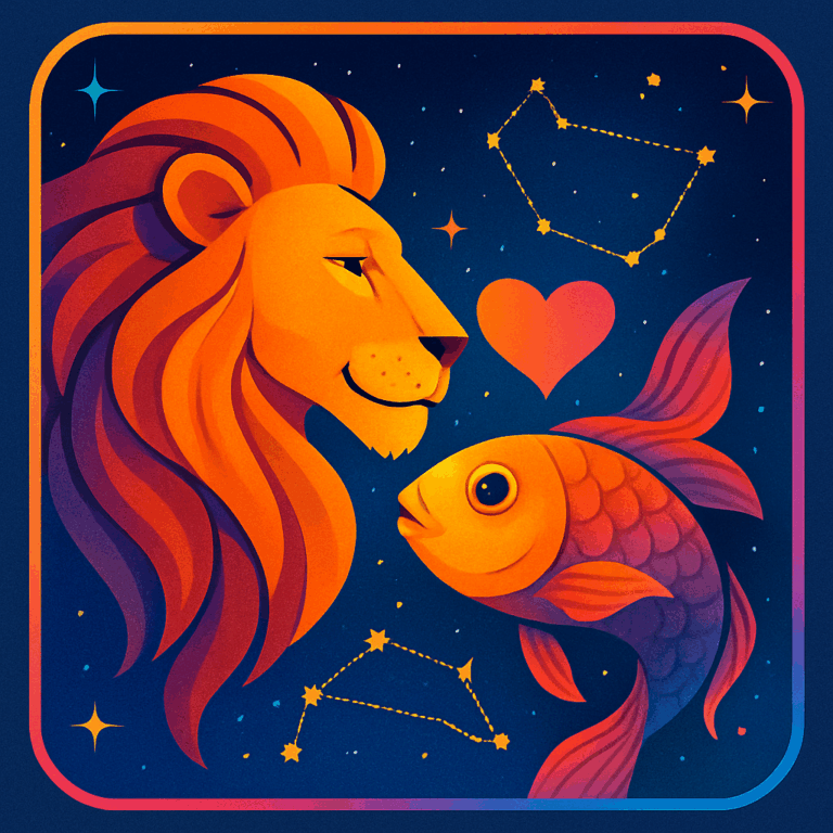 Farverig illustration af en løve og en fisk indrammet af stjernebilleder, der symboliserer kærlighed og kompatibilitet mellem Løven og Fisken.
