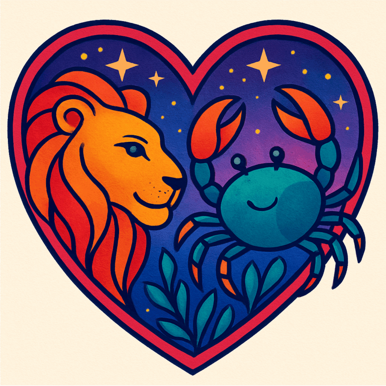 Farverig illustration af stjernetegnene Løven og Krebsen indrammet af et hjerte, som symboliserer deres harmoniske og stærke kærlighed