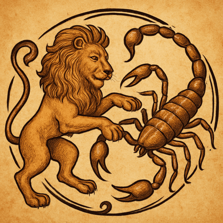 Illustration af løve og skorpion i symbolsk dans, der viser, hvordan Løven og Skorpionen passer sammen.