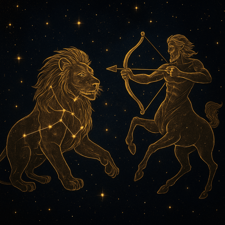 Zodiaktegnene Løven og Skytten i gylden streg på en stjernehimmel, symboliserer deres passionerede match – Hvordan passer Løven og Skytten sammen?