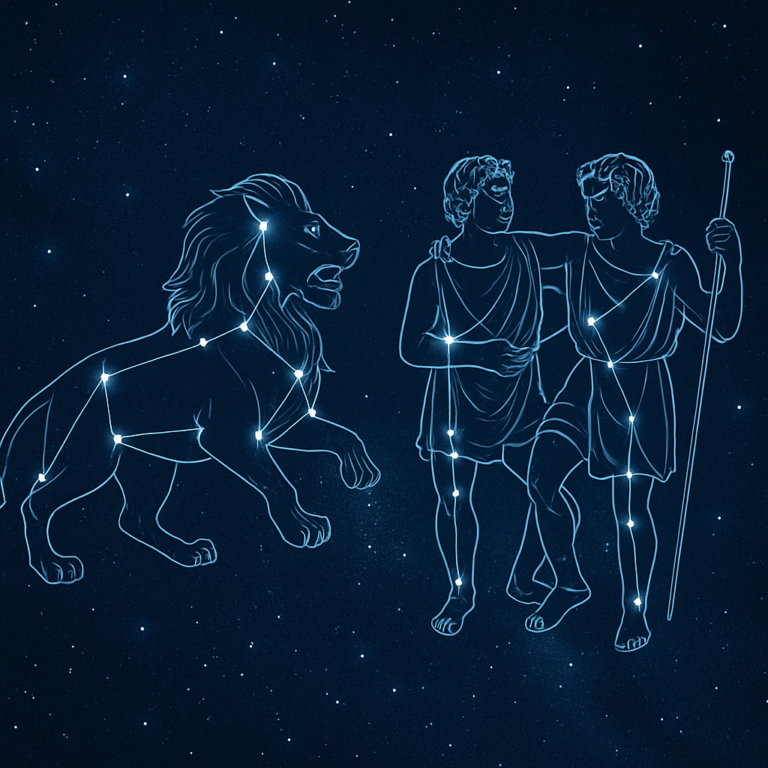 Illustreret Løven- og Tvillingen-konstellationer på en stjerneklar nattehimmel, symboliserer stjernetegns-match.