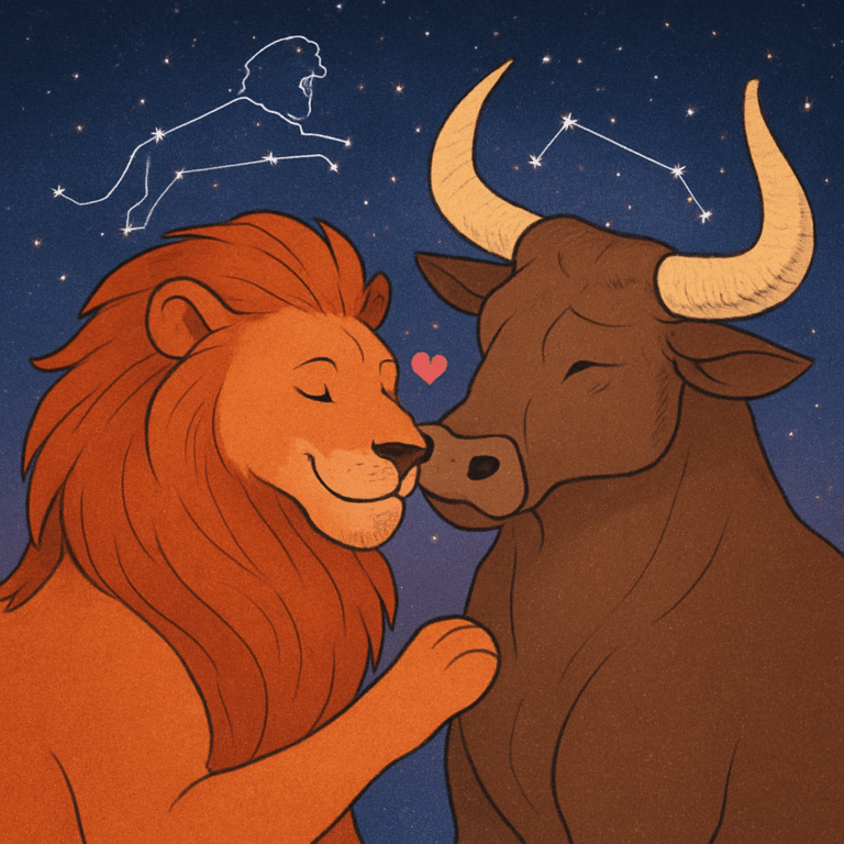 Kærlighedsillustration af Løven og Tyren foran stjernebilleder, der symboliserer deres kemi og kompatibilitet.