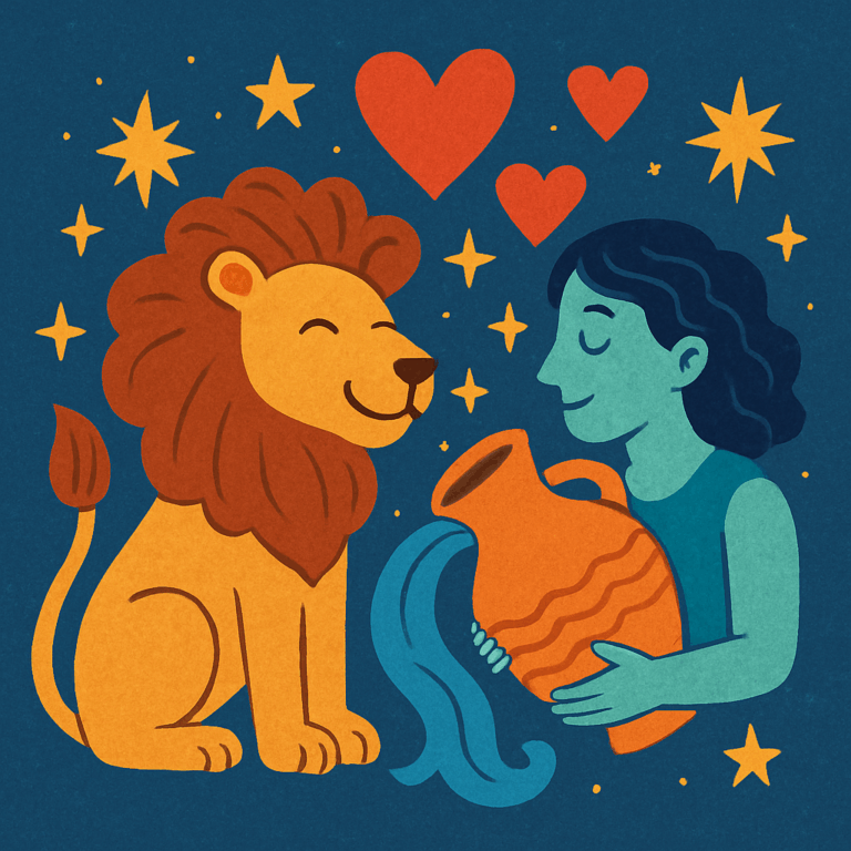 Illustration af Løven og Vandmanden som forbundne stjernetegn med hjerter og stjerner, der symboliserer deres stærke kærlighed og venskab.