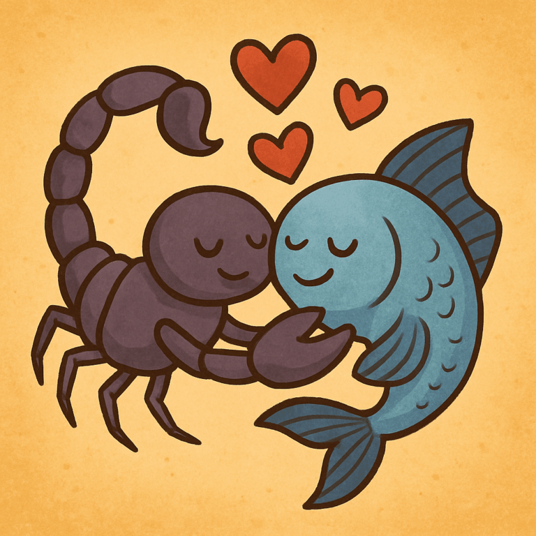 Illustration af Skorpionen og Fisken, der omfavner hinanden med hjerter som symbol på kærlighed og stærk kemi mellem tegnene.