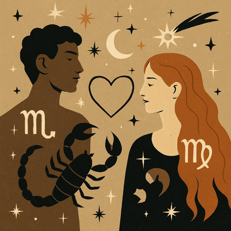 Stiliseret illustration af Skorpionen og Jomfruen omgivet af stjerner og symboler, der viser deres match og unikke kemi.