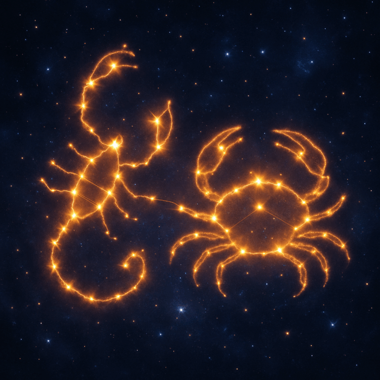 Konstellationerne Skorpionen og Krebsen forenet af glødende stjerner mod en dyb nattehimmel, symbol på magisk stjernekemi.