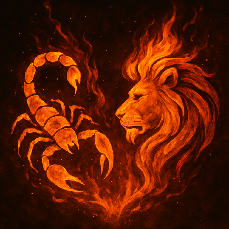 Illustration med Skorpionen- og Løven-tegn i flammer, der symboliserer intens passion, stærk kemi og udfordringer.