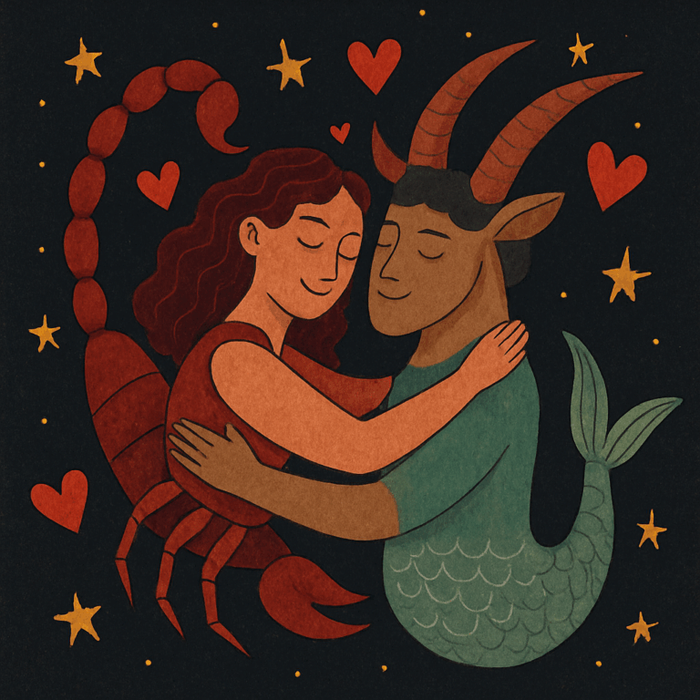 Illustration af Skorpionen og Stenbukken omfavnet af stjerner og hjerter, symboliserer deres passion og stærke partnerskab.