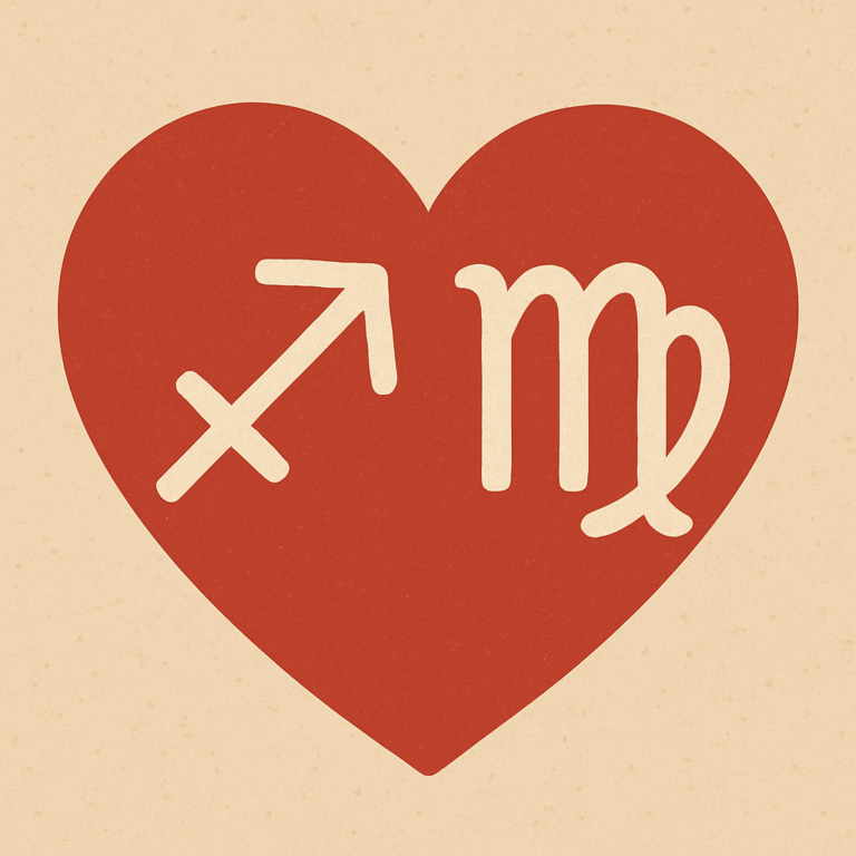 Illustration af symboler for Skytten og Jomfruen i et hjerte, symbol på et harmonisk kærlighedsforhold