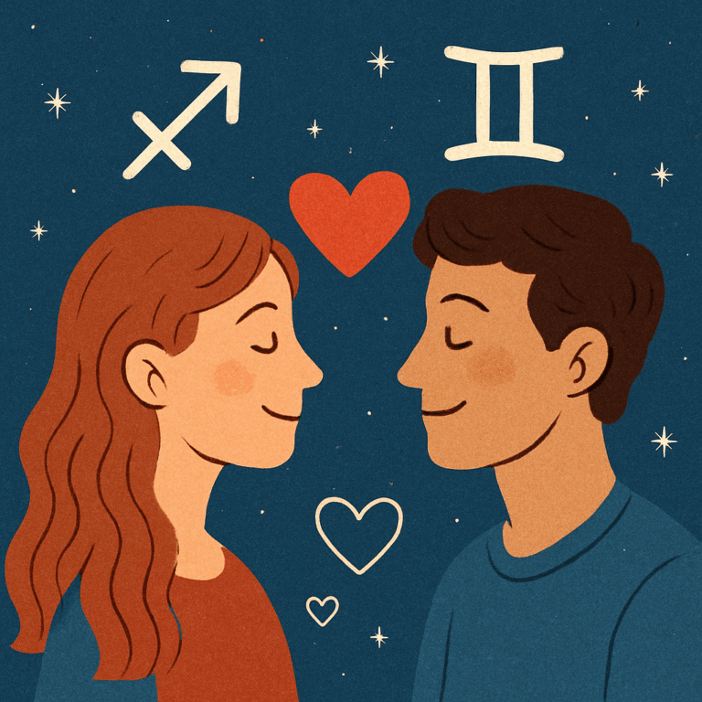 Illustration af hvordan Skytten og Tvillingen passer sammen med stjernetegnssymboler i kærlighed og venskab.