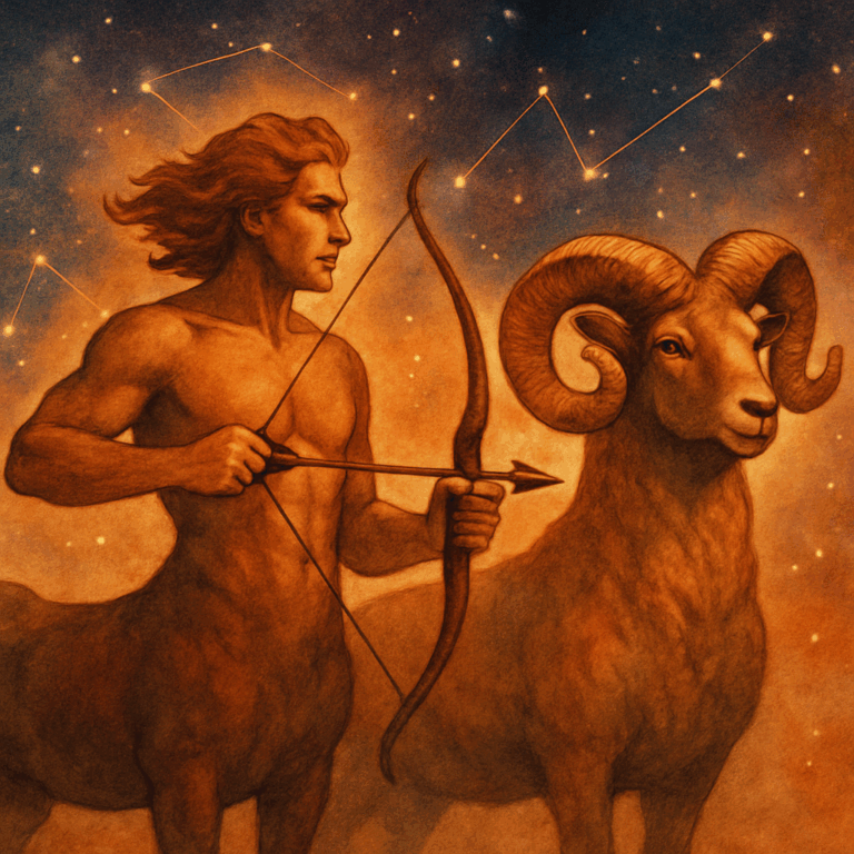 Illustration af Skytten som centaur med bue og pil og Vædderen med fremtrædende horn, stående side om side foran en stjernehimmel i varme, eventyrlige farver.