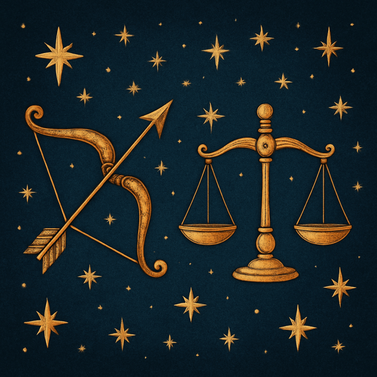 Illustration af Skyttens bue og Vægtens skala omgivet af stjerner, der symboliserer passion, frihed og balance