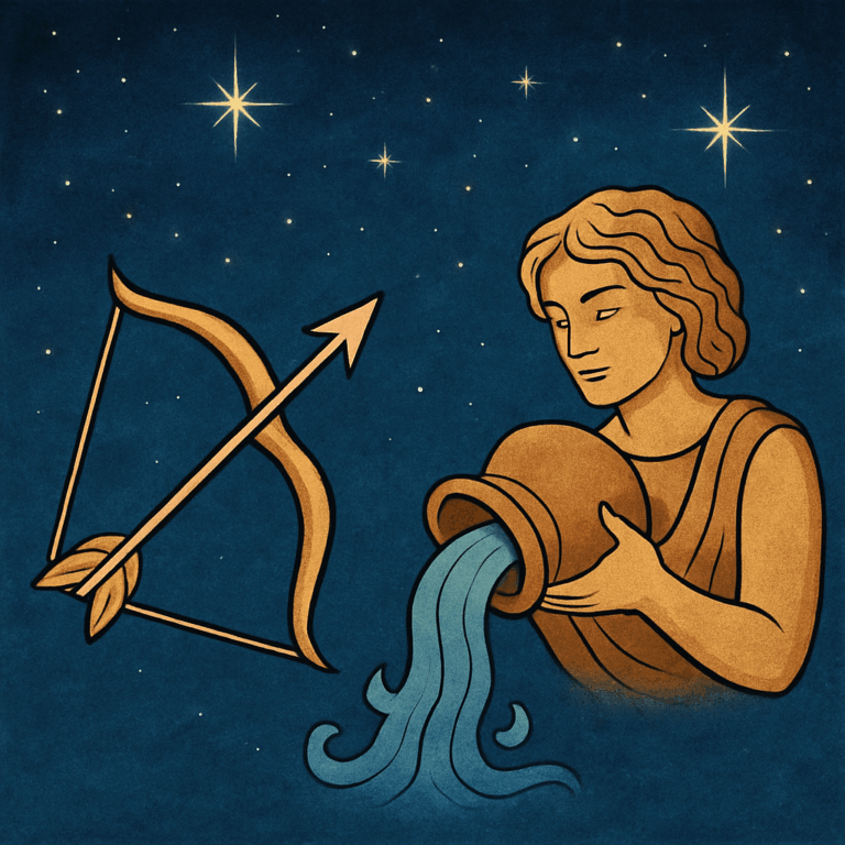 Illustration af Skytten-symbolet med bue og pil ved siden af Vandmanden, der hælder vand fra en krukke under en stjerneklar himmel.