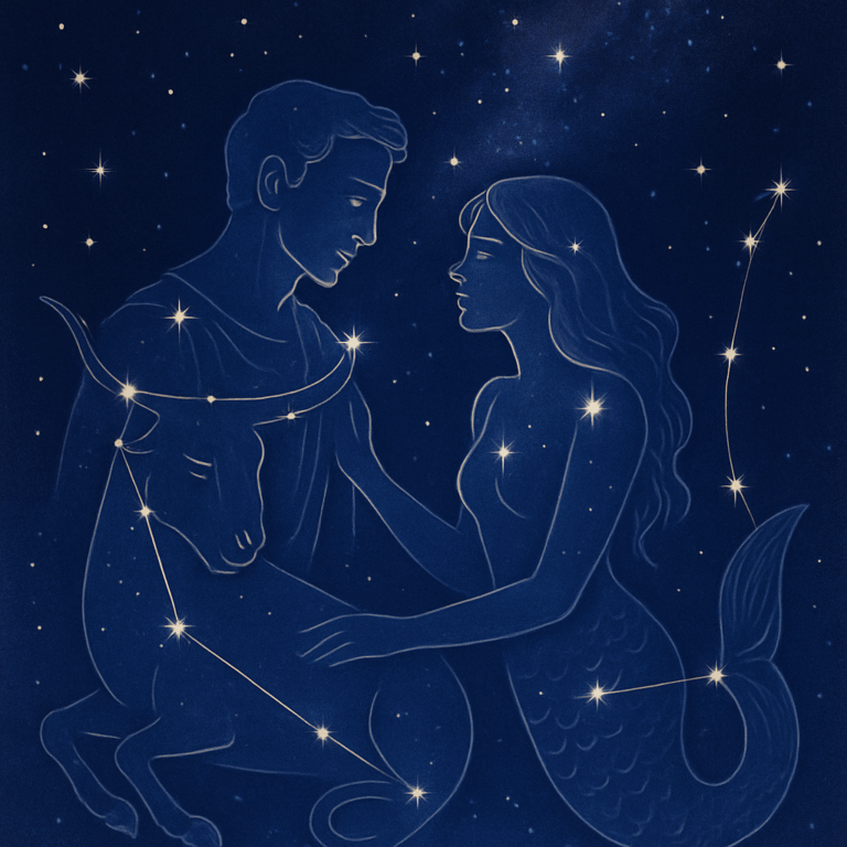 Illustration med stjernetegnene Stenbukken og Fisken, der passer sammen i en romantisk stjernehimmel