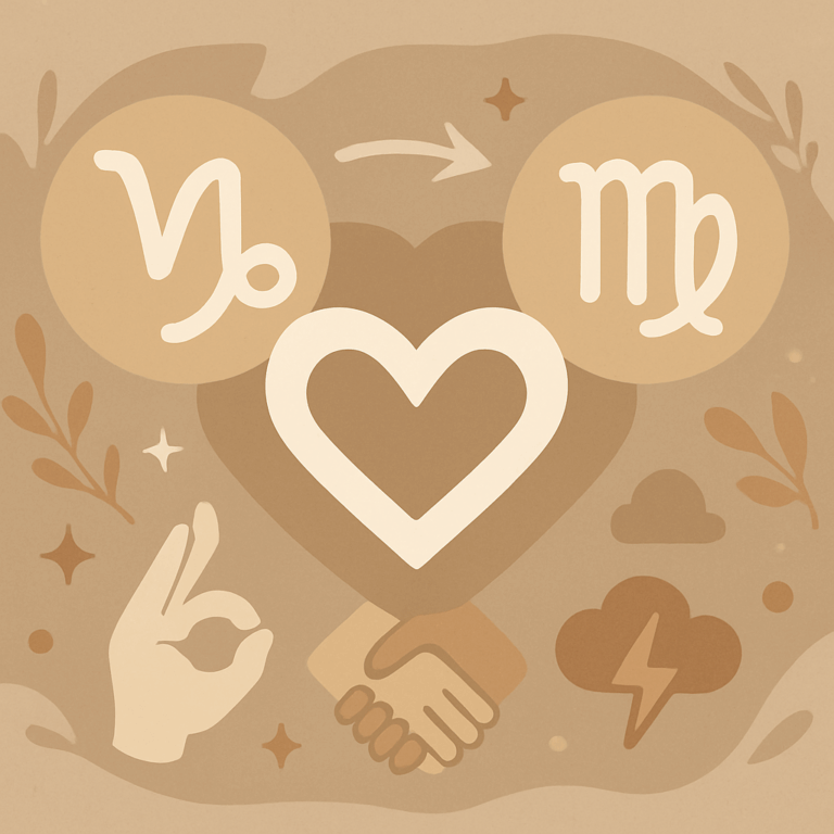 Billede af symboler for stjernetegnene Stenbukken og Jomfruen, der illustrerer deres kompatibilitet, styrker og udfordringer.