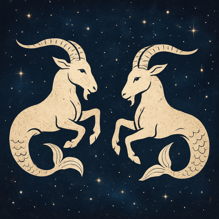 To stiliserede Stenbukken-symboler mod stjernehimmel, der illustrerer kompatibilitet, styrker og udfordringer