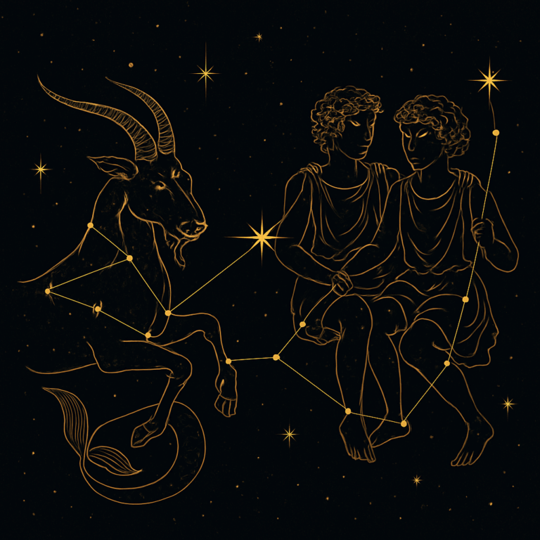 Illustration af stjernebillederne Stenbukken og Tvillingen med indbyrdes forbindelseslinjer, der symboliserer deres kompatibilitet og balance.