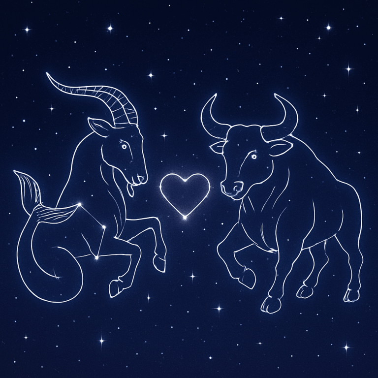 Grafisk illustration af Stenbukken- og Tyren-stjernetegn på en stjerneklar baggrund med et forenende hjerte, der symboliserer deres stjernekemi.