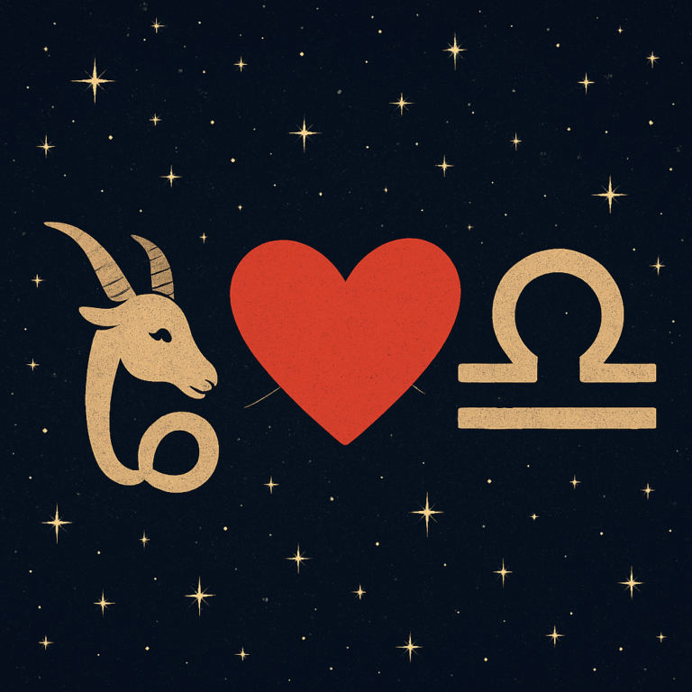 Illustration af Stenbukken- og Vægten-symbolerne forbundet af et hjerte mod en stjernehimmel, der symboliserer deres kærlighed og kompatibilitet.