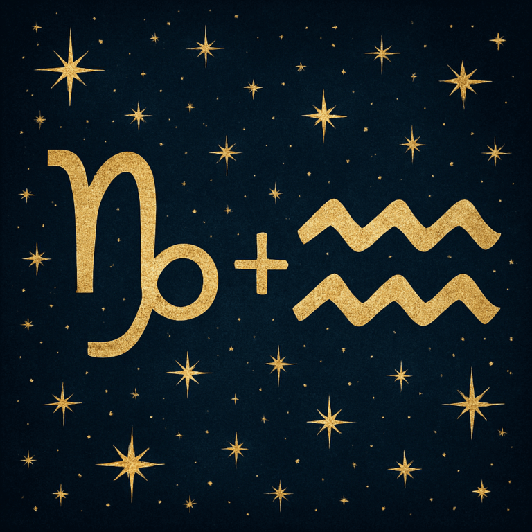 Astrologisk illustration af Stenbukken- og Vandmanden-symboler omgivet af stjerner, der viser deres kompatibilitet