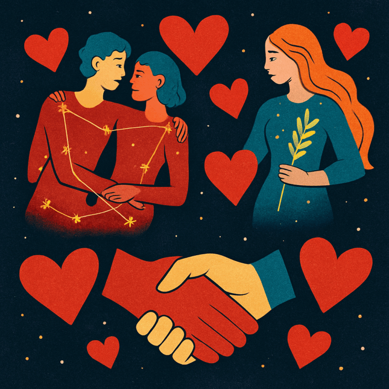 Abstrakt illustration af Tvillingen og Jomfruen i stjernebilleder omgivet af hjerter og et håndtryk, der symboliserer kærlighed og venskab.