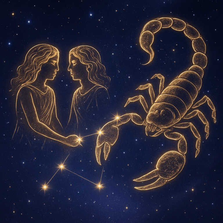 Illustration af stjernetegnene Tvillingen og Skorpionen forenet på en stjernehimmel, der symboliserer deres kemi og forbindelse.