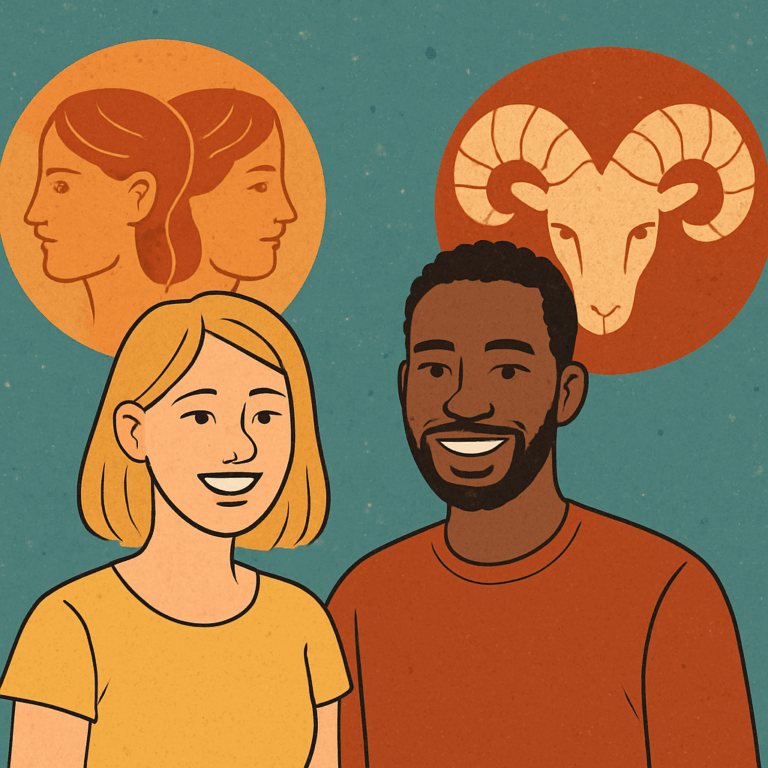To personer smilende med Tvillingens dobbelte ansigter og Vædderens horn som baggrundssymboler for astrologisk kompatibilitet.