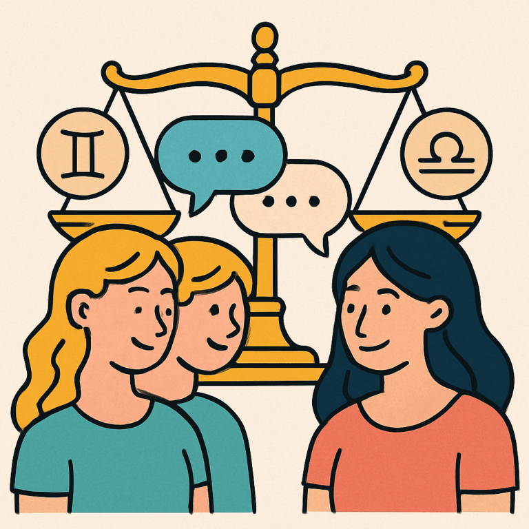 Illustration af Tvillingens og Vægtens stjernetegn foran en vægt med snakkebobler, der understreger deres kemi og balance
