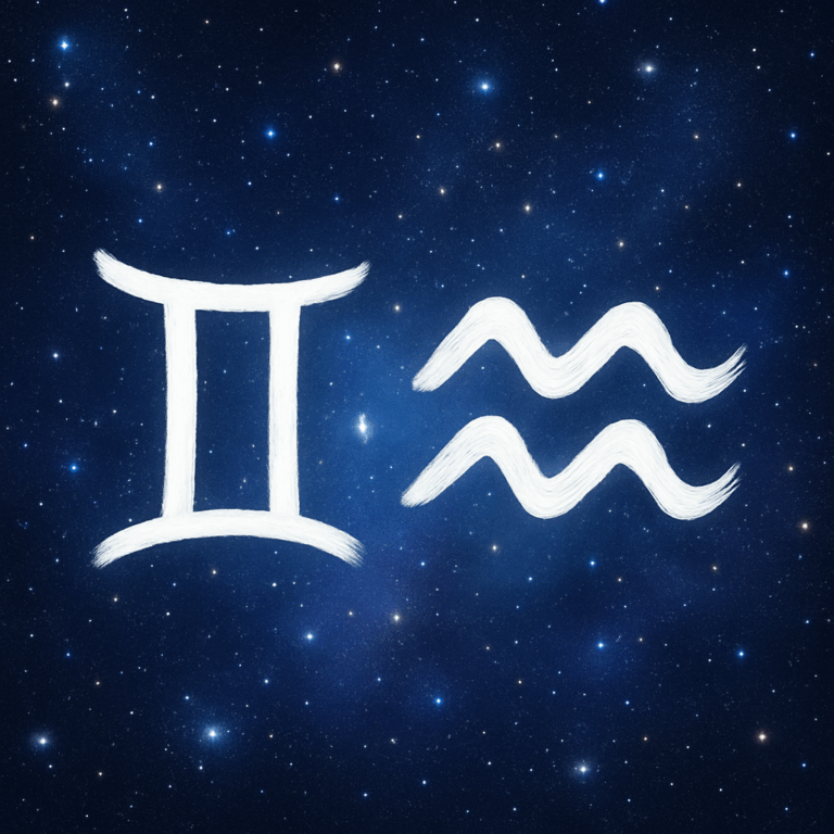 Tvillingen og Vandmanden stjernetegnssymboler mod en stjernehimmel, der illustrerer deres unikke kemi og perfekte kompatibilitet