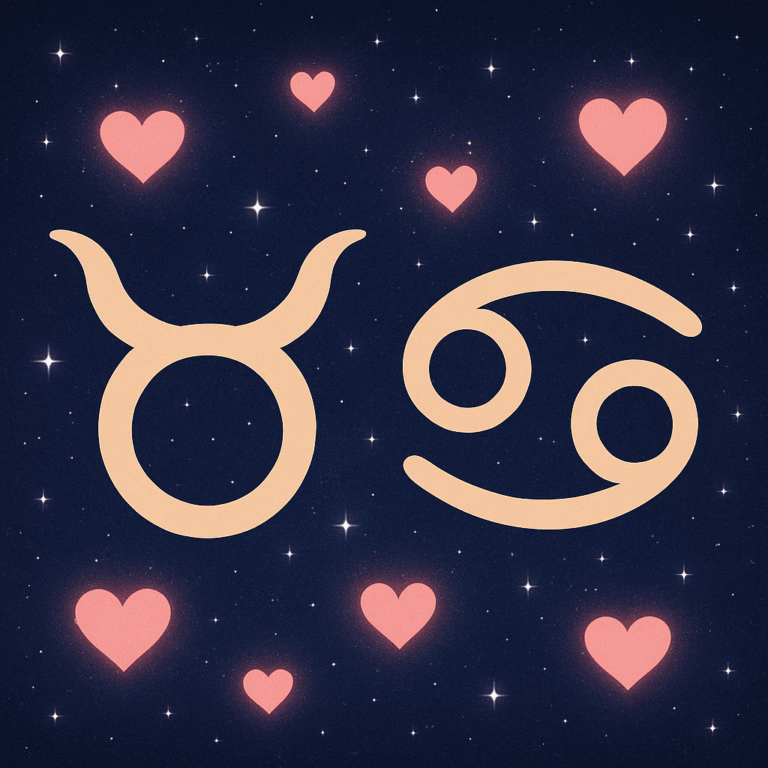 To stiliserede symboler for stjernetegnene Tyren og Krebsen foran en stjernehimmel med hjerter, der illustrerer kærlighed
