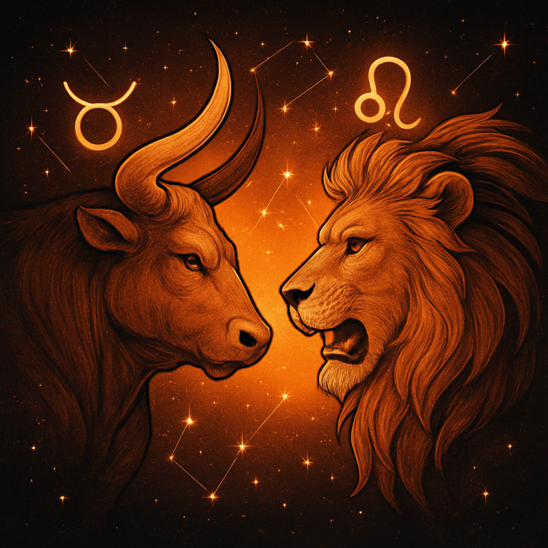 Astrologisk illustration med Tyren (okse) og Løven (løve) foran stjerner og varm glød, der symboliserer deres passionerede, stærke kemi.